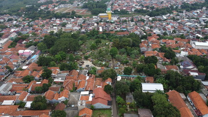 Aerial View of Residential Neighborhood with Lush Greenery and Orange Roofs