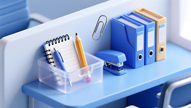 Blue and white office desk with neatly arranged stationery