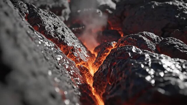 Molten lava flows through rugged terrain in a volcanic landscape, captured from a close-up viewpoint