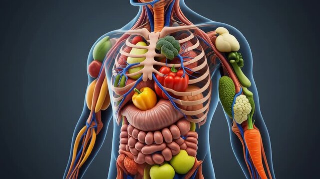 Vibrant anatomical illustration with fruits and vegetables as human organs, detailed edible .