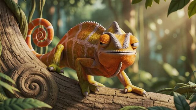 Cartoon chameleon demonstrating color-changing ability on a tree trunk, great for kids&rsquo; science or biology video animations.