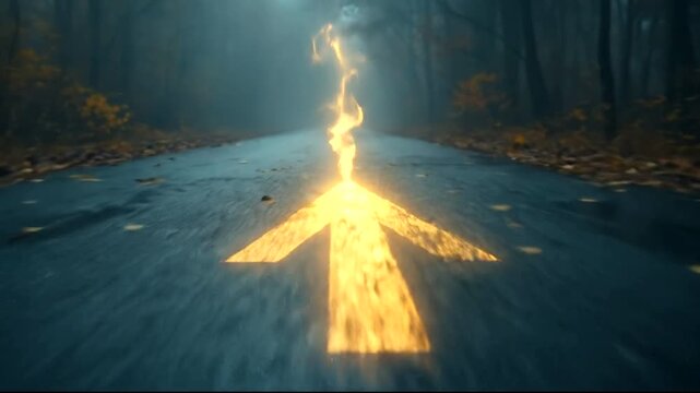 Mysterious glowing arrow on a foggy forest road
