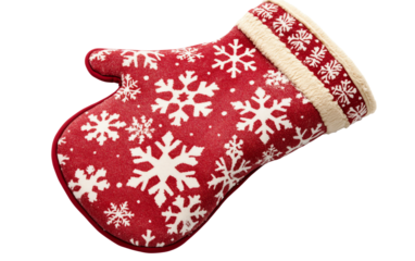 Handcrafted oven mitt featuring winter snow pattern ideal for holiday baking and seasonal style isolated on transparent background PNG