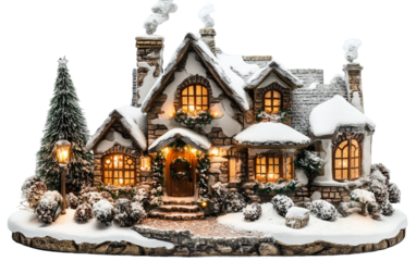 Snow-covered Christmas village house model perfect for festive holiday decoration and winter scenes isolated on transparent background PNG