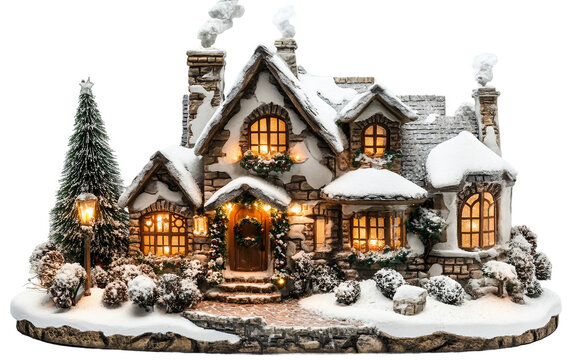 Snow-covered Christmas village house model perfect for festive holiday decoration and winter scenes isolated on transparent background PNG
