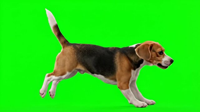 Beagle dog running on green screen, active tricolor hound galloping in profile, isolated pet motion for video compositing
