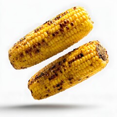 Two juicy grilled corn on the cob with golden yellow kernels, slightly charred with dark grill marks, brushed with melted butter that glistens on their surfaces. The two corns are floating mid-air,