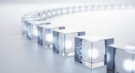 Innovation progress cubes aligned with natural depth and bright softly blurred white environment enhancing visual clarity
