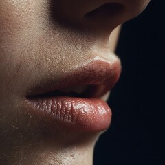 Extreme macro photography of a young girl&acirc;&euro;&trade;s lips, an ultra-close-up shot of a facial fragment, showcasing natural lip texture with fine vertical lines, a hint of dryness, tiny cracks and an
