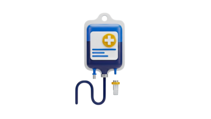 3D IV bag with blue fluid and medical cross icon on transparent background