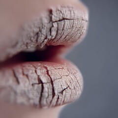 Extreme macro photography of a young girl&acirc;&euro;&trade;s lips, an ultra-close-up shot of a facial fragment, showcasing natural lip texture with fine vertical lines, a hint of dryness, tiny cracks and an
