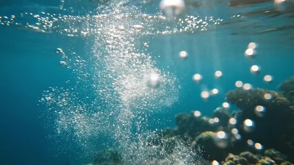 Underwater scene with bubbles rising from rocks in the ocean, captured from a low-angle viewpoint