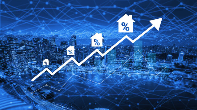 This image depicts an abstract financial growth concept, featuring a rising graph with house icons and percentage signs against a city backdrop and blue network connections. Gantry
