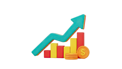 3D growth chart with arrow and coins on transparent background