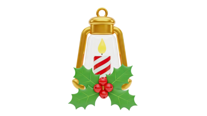 3D Christmas Lantern with Candle and Holly on transparent background