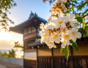 Sunny shot of white flowers blooming in front of a traditional building