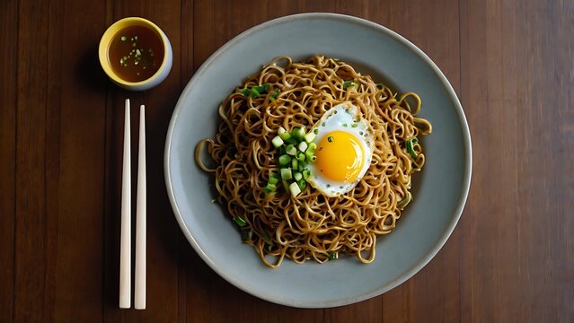 Top view of mie goreng served with fried egg on a white plate