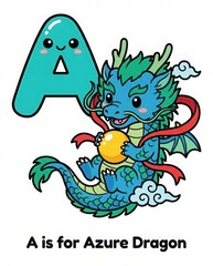 Fototapeta premium Cute Azure Dragon Cartoon with Letter A and Golden Orb for Kids