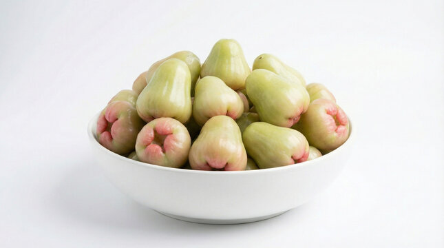 Fresh Organic Pale Green Wax Apple or Java Apple Fruit Heap in White Bowl Isolated on White Background for Tropical Healthy Food Concept - Photoshop with AI