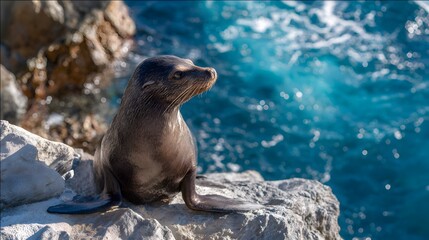 Naklejka premium A young California sea lion sits on a rocky shore with the ocean in the background.
