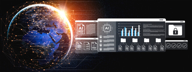 Futuristic illustration showcasing technology with data visualization elements, a global network representation, and a focus on artificial intelligence and security. Gantry
