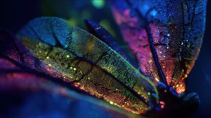 Illuminated Insect's Wings: The captivating photo features close-up shot of a unique insect's wings, shimmering with vibrant colors and intricate details.