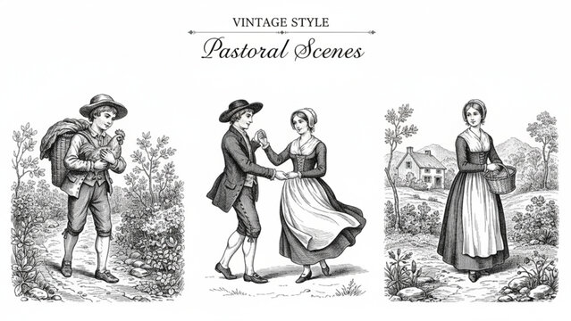 Vintage style pastoral scenes engraving of rural life with figures dancing, walking, and standing in a landscape setting.