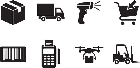 Logistics and delivery icons including truck, drone, forklift, shopping cart, and warehouse tools in black on white background for business and industry use
