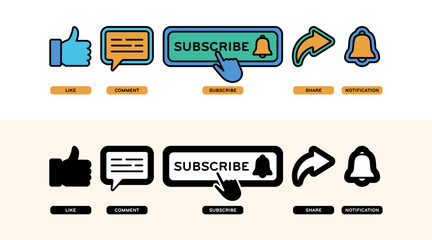 Social Media Element Icon Design Interaction, Like, Comment, Subscribe, Share, Notification, Vector Illustration
