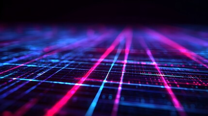 Abstract Digital Grid with Neon Pink and Blue Lines.