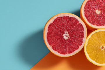 two half of red grapefruit and orange paper with copy space against pastel blue background. abstract art. minimalism