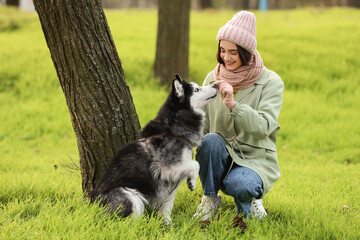 Beautiful young woman playing with cute husky dog in autumn park
