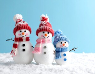 Obraz premium Three snowmen with winter hats, scarves, on snow, blue background