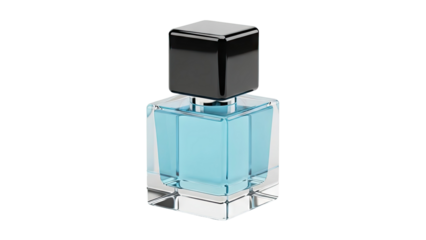 3D Modern Perfume Bottle with Blue Liquid and Black Cap on transparent background