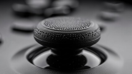 A close-up view of a textured game controller button in a dark environment