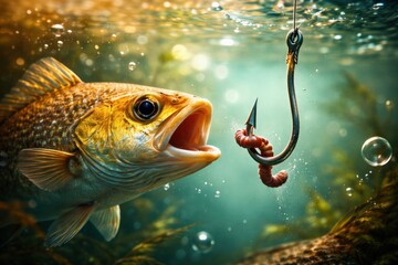 Underwater view of a carp approaching a hook baited with a worm and appearing curious.
