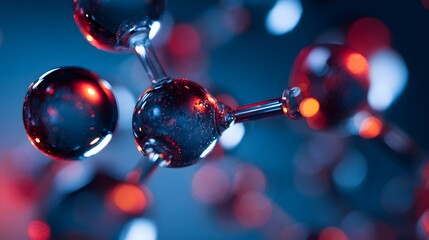 Abstract molecular structure with glowing spheres and bokeh lights.