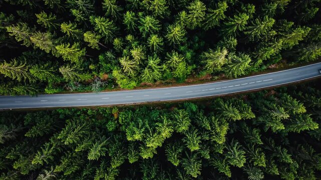Aerial view of a winding asphalt road cutting through a lush, dense evergreen forest with a single vehicle.