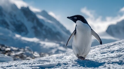 Adelie Penguin Standing on Snowy Slope in Antarctica with Mountains.