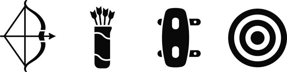 Archery icons set with bow arrow quiver target shield archery equipment black silhouette vector.
