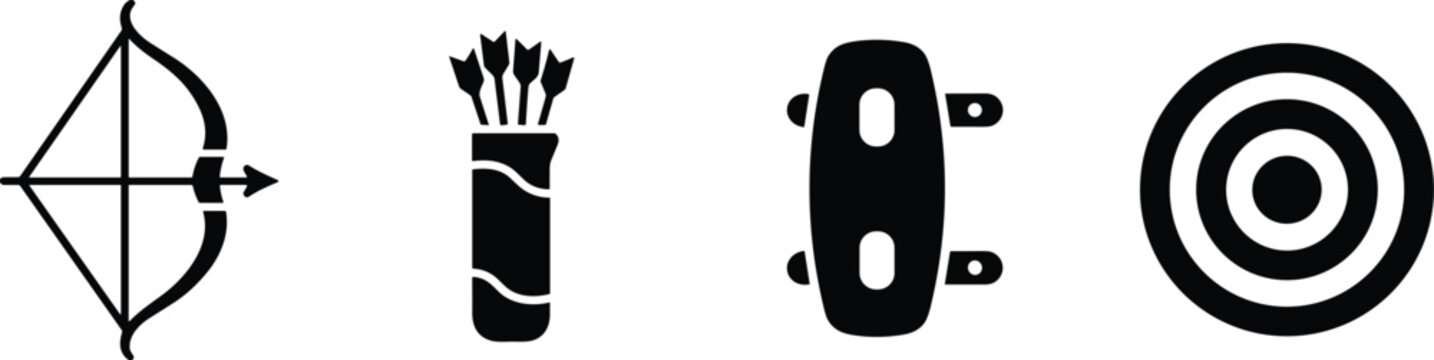 Archery icons set with bow arrow quiver target shield archery equipment black silhouette vector.