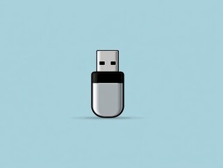 A stylized USB drive, depicted with a silver body, black trim, and a rectangular connector, placed on a soft blue background. The illustration uses simple shapes and clean lines