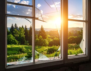 Sunny landscape through shattered window, nature view with trees, light
