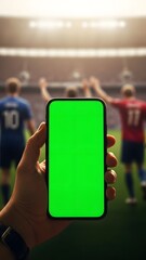 Hand Holding Phone with Greenscreen, Over Blurry Sports Stadium Crowd at Sunset, portrait