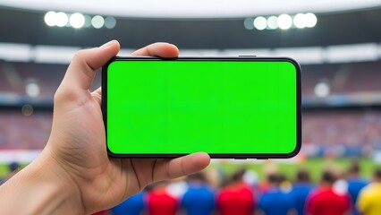 Hand Holding Phone with Greenscreen, Over Blurry Sports Stadium Crowd at Sunset
