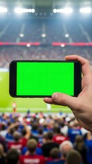 Hand Holding Phone with Greenscreen, Over Blurry Sports Stadium Crowd at Sunset, portrait