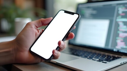 Angled Shot of a Human Hand Holding Smartphone with Bright Whitescreen, Positioned in Front of Laptop
