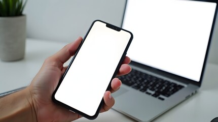 Angled Shot of a Human Hand Holding Smartphone with Bright Whitescreen, Positioned in Front of Laptop with Whitescreen Display