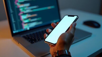 Angled Shot of a Human Hand Holding Smartphone with Bright Whitescreen, Positioned in Front of Laptop