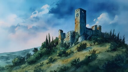 Fototapeta premium Ancient stone castle ruins perched atop a verdant hill under a dramatic sky.